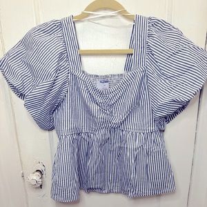 Old Navy Puff-Sleeve Striped Ruched Smocked Babydoll Swing Blouse blue striped